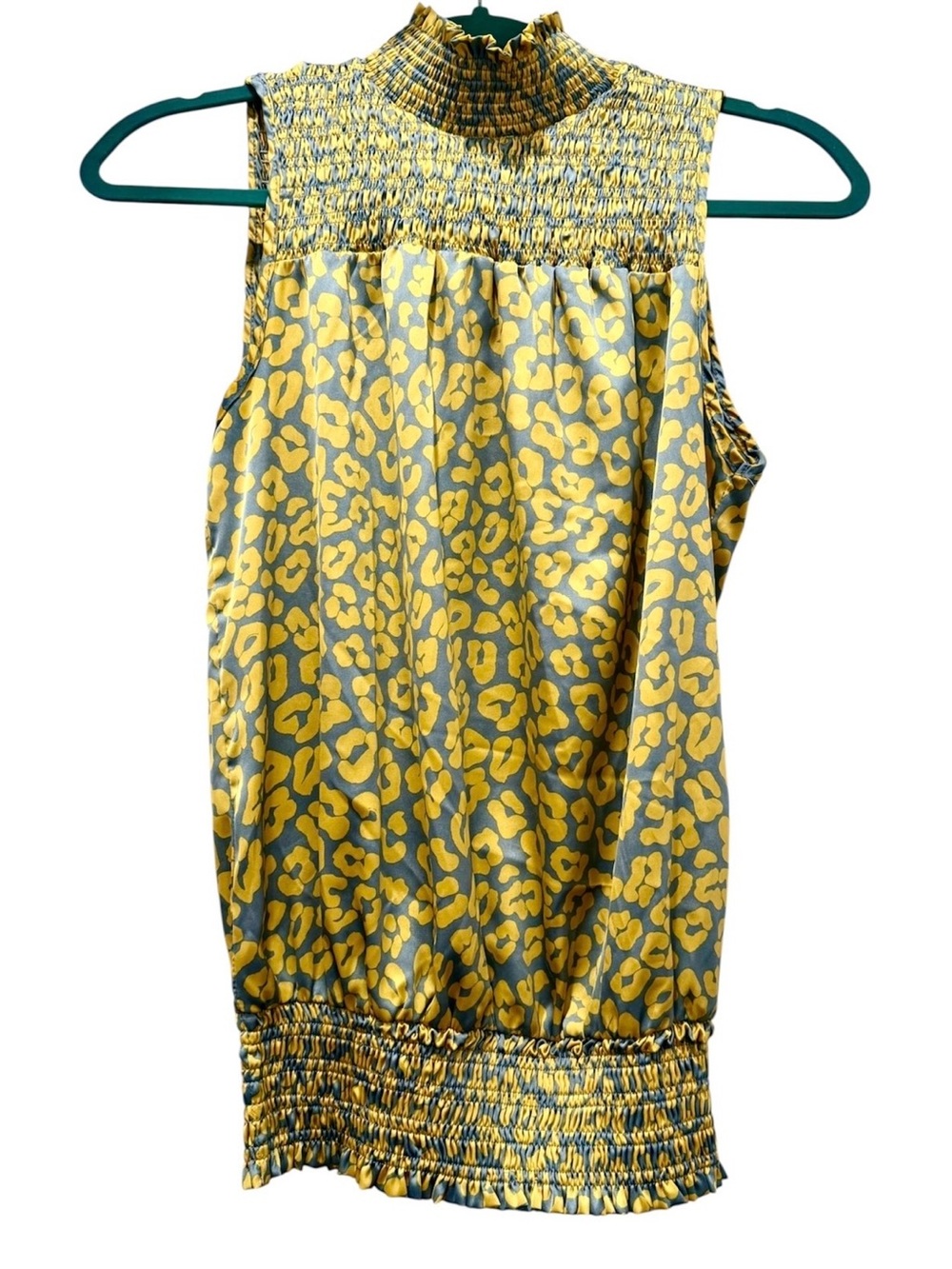 First Love- Chartreuse & Blue/Sage Leopard Print Smocked Sleeveless Blouse- EUC!